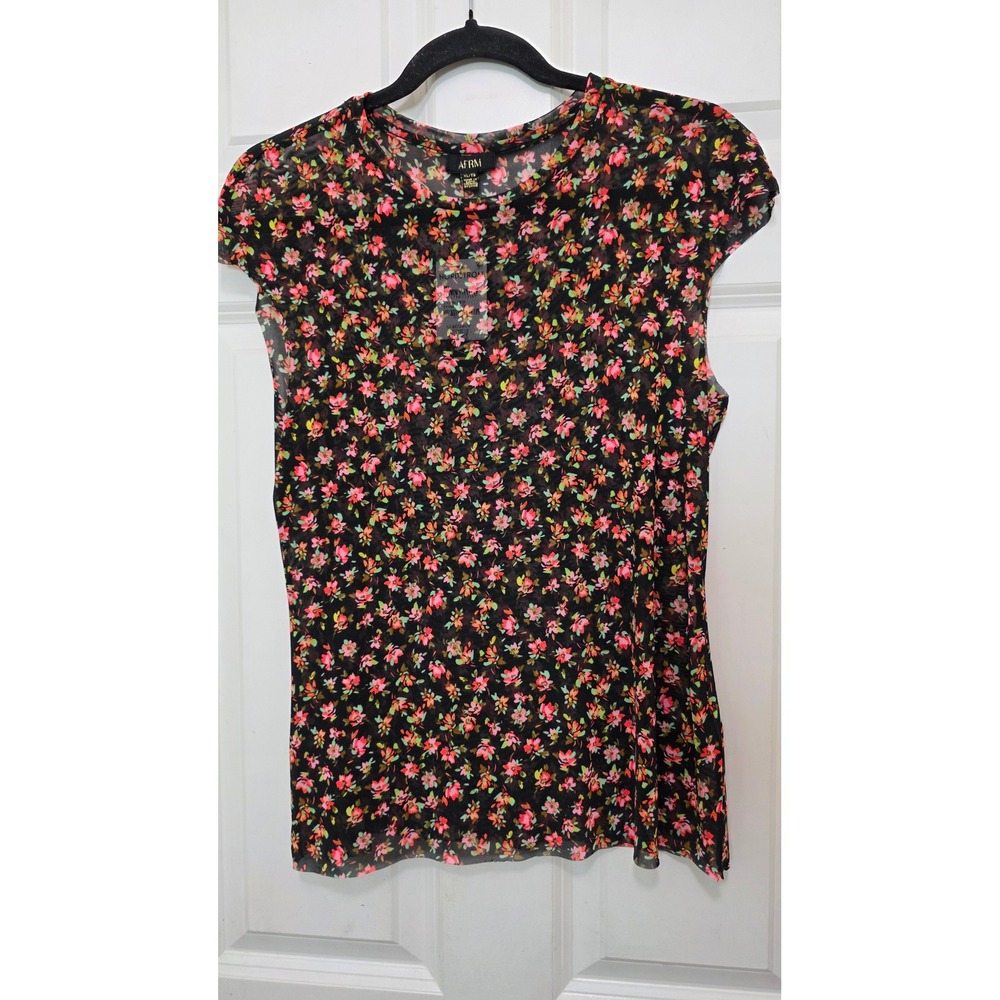 NEW AFRM Mesh Top Women XL Spring Ditsy Floral Cap Sleeve Sheer Blouse Summer